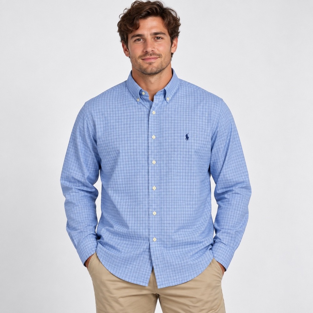 VTG Ralph Lauren Classic Fit Blue Plaid Long Sleeve Button Down Shirt Mens Large